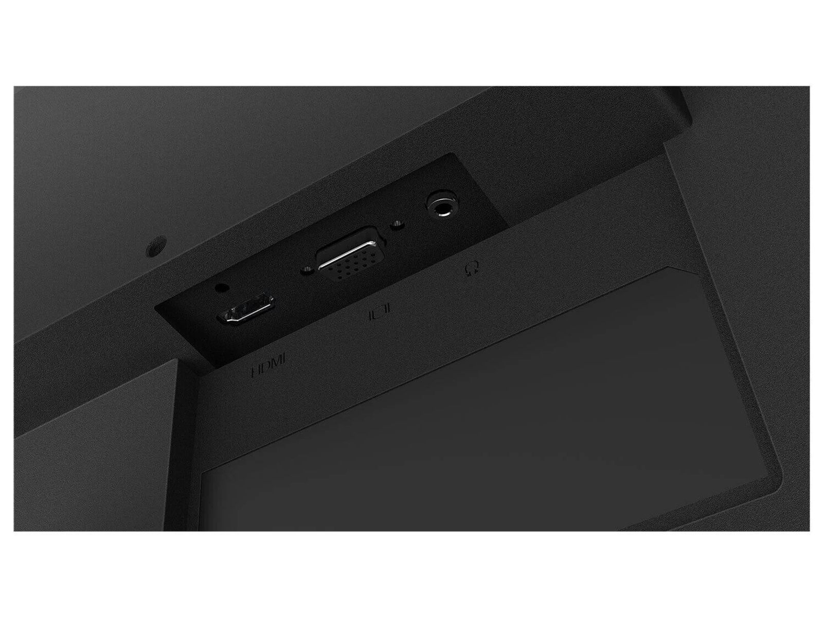 Zbliżenie na tył monitora. Pokazuje porty HDMI, USB i audio.