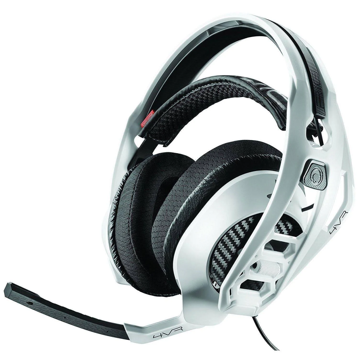 Weißes Gaming-Headset mit schwarzen Ohrmuscheln und einem Mikrofon. Das Headset ist abgewinkelt.