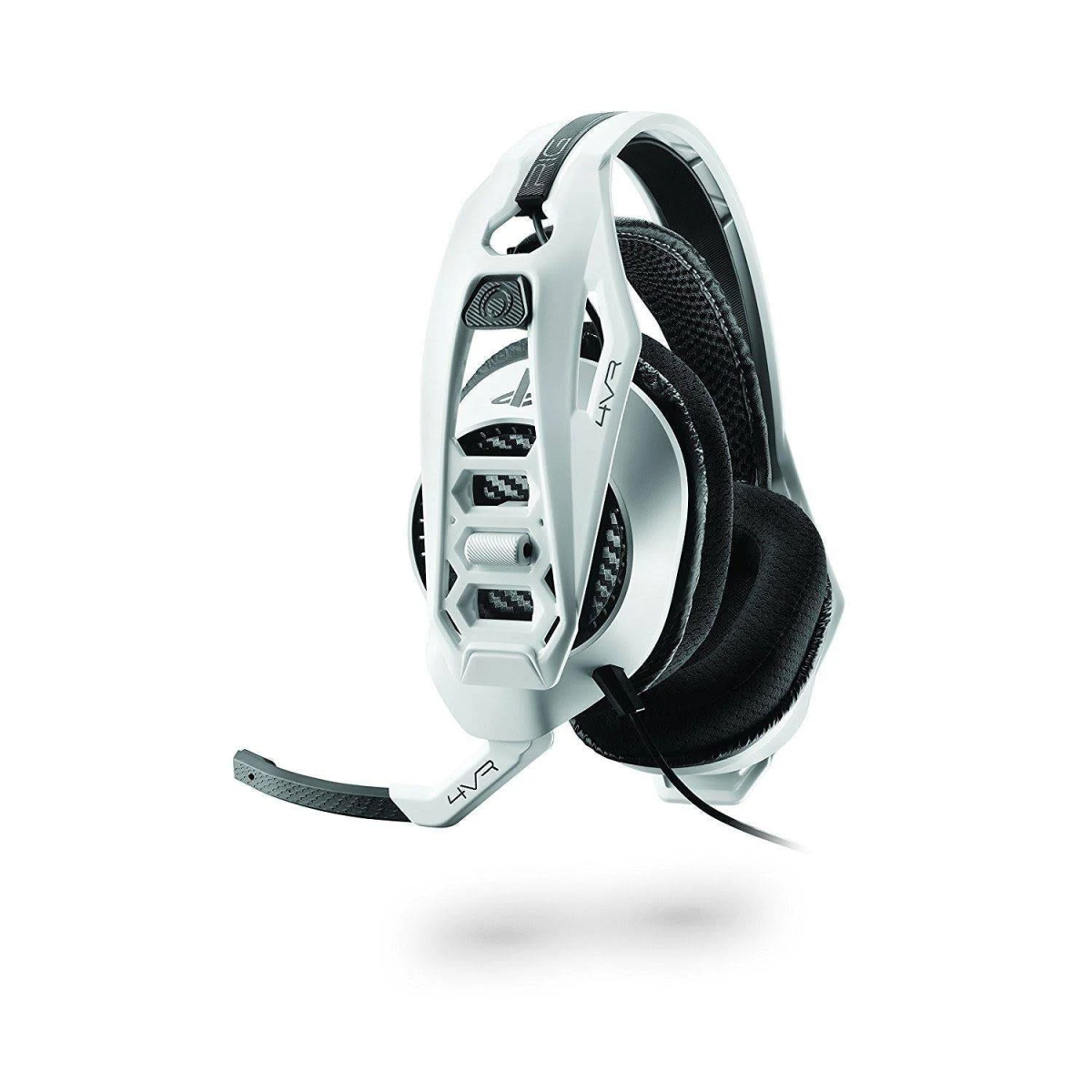 Weißes Gaming-Headset mit Mikrofon, schwarzes Kabel. Weißer Hintergrund.