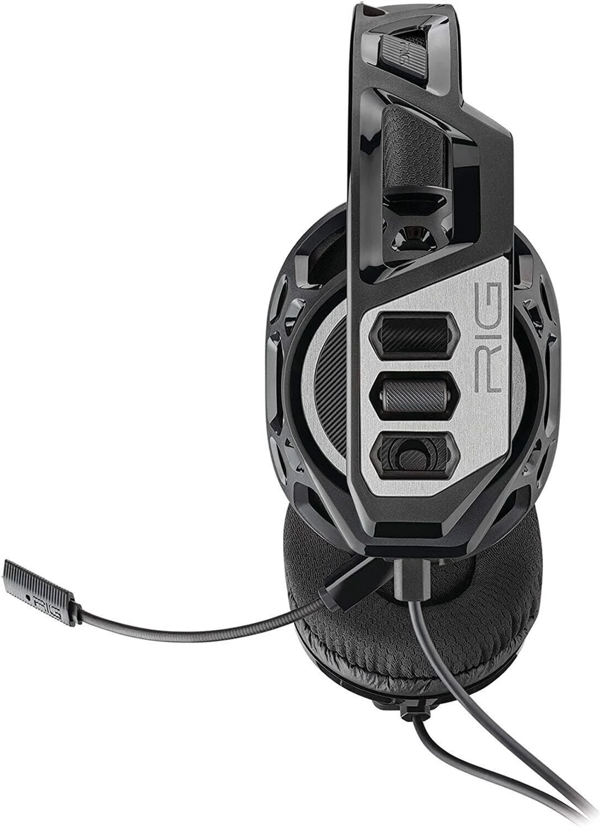 Schwarzes und silbernes Gaming-Headset mit Mikrofon. Die Marke ist RIG.