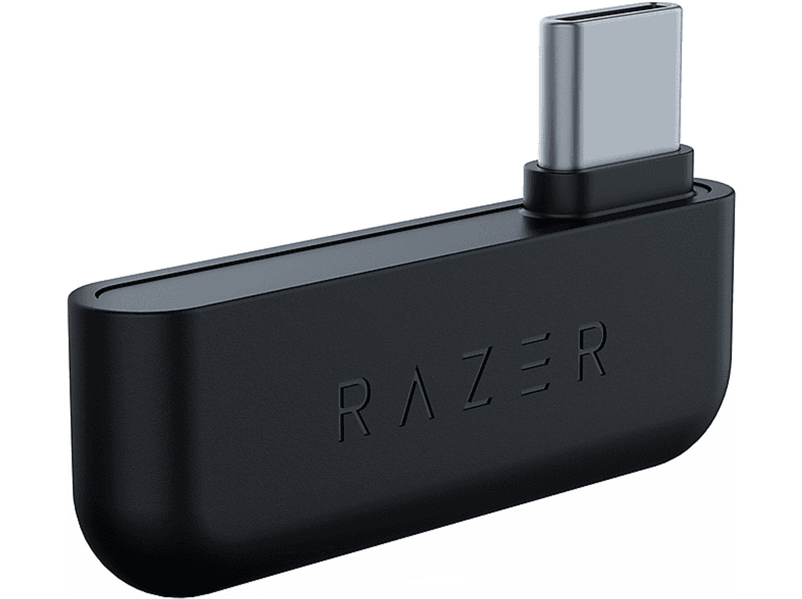 Schwarzer Razer USB-C-Adapter, abgewinkelt, mit Razer-Logo, auf weißem Hintergrund.