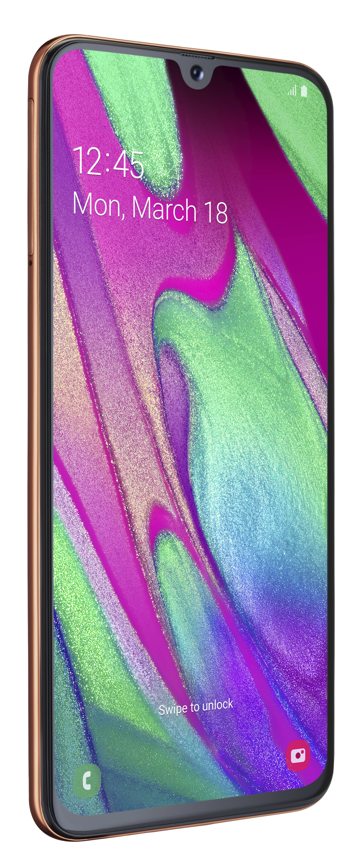 Smartphone mit farbenfrohem Bildschirm, der Zeit und Datum anzeigt, auf weißem Hintergrund.