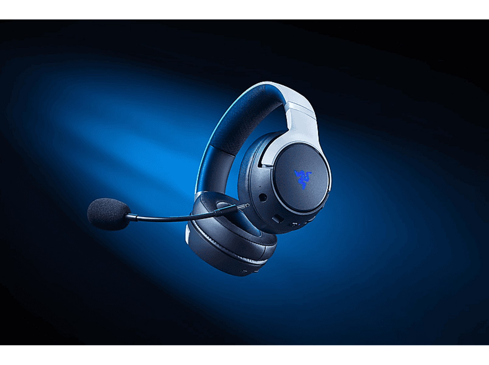 Schwarzes und graues Gaming-Headset mit Mikrofon, blau beleuchtet.
