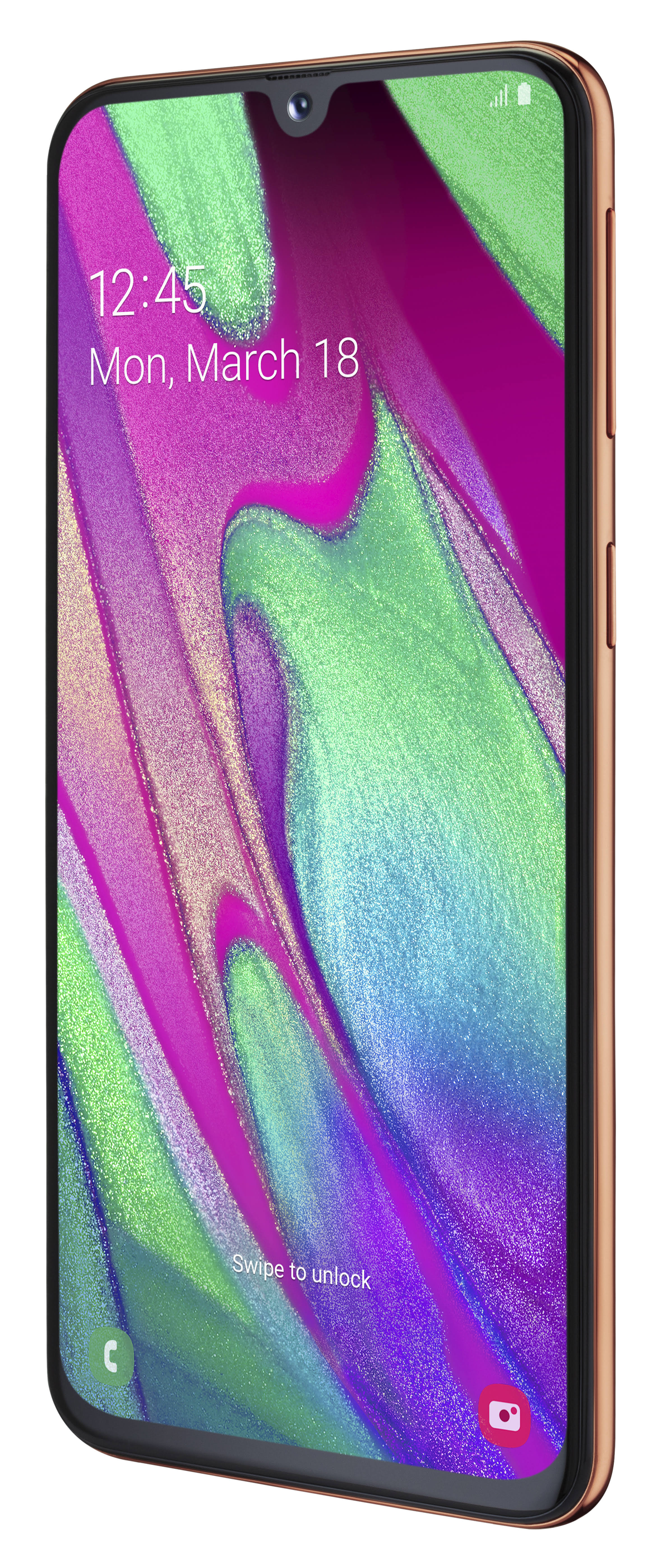 Smartphone mit farbenfrohem Bildschirm. Uhrzeit ist 12:45, 18. März. Goldrahmen. Lila, grün und blauer Hintergrund.