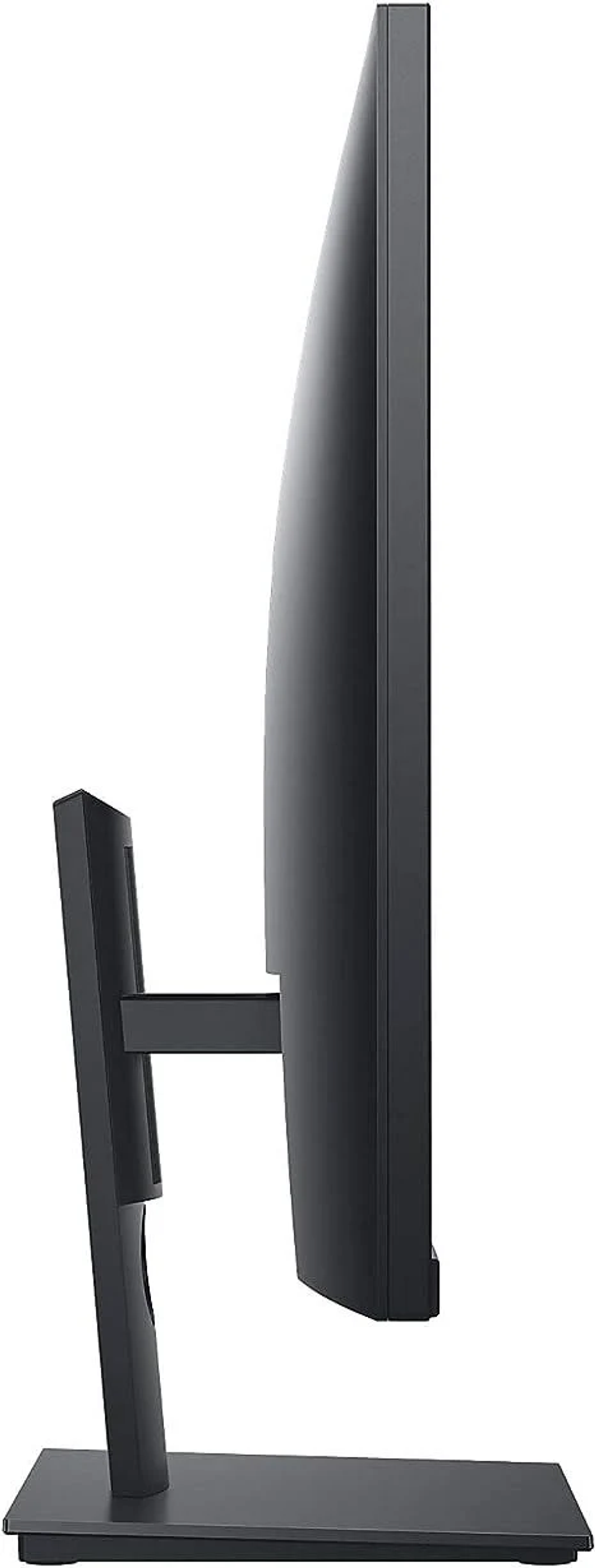 Vista lateral de un monitor Dell negro sobre un soporte. Diseño elegante, perfil delgado.