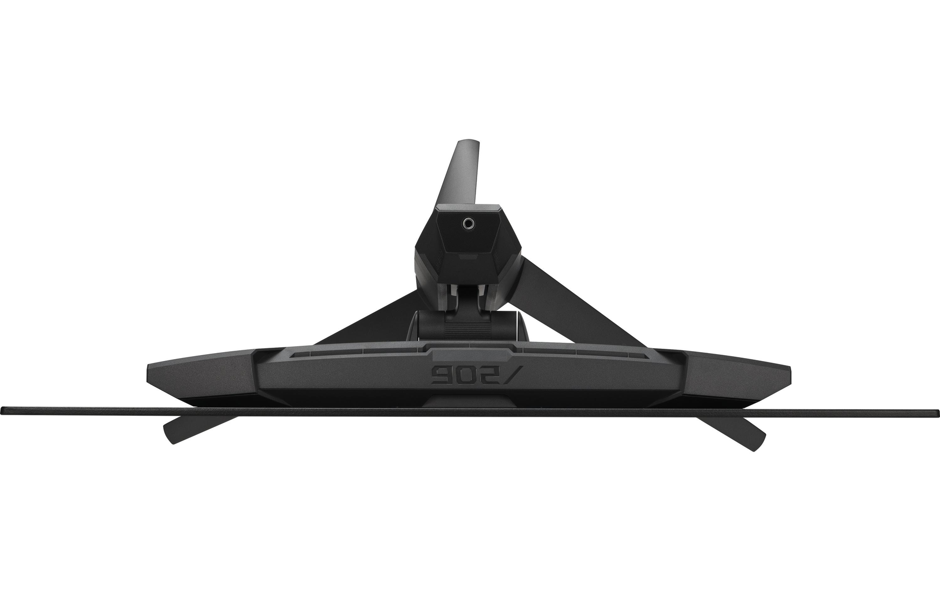 Czarny stojak na monitor z płaską, kątową podstawą, widziany od dołu na białym tle.