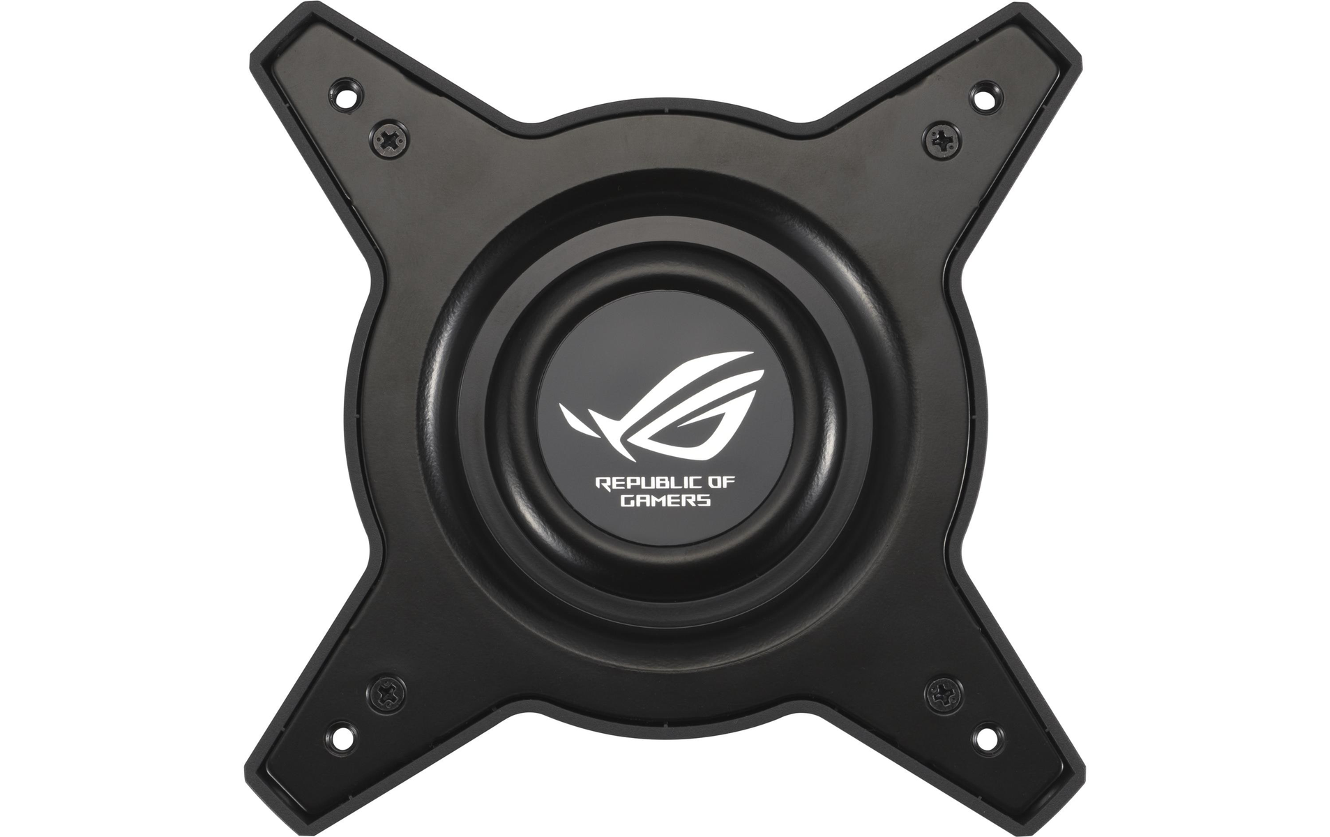 Czarny, metalowy uchwyt ROG ze śrubami. Na środku znajduje się logo ROG.