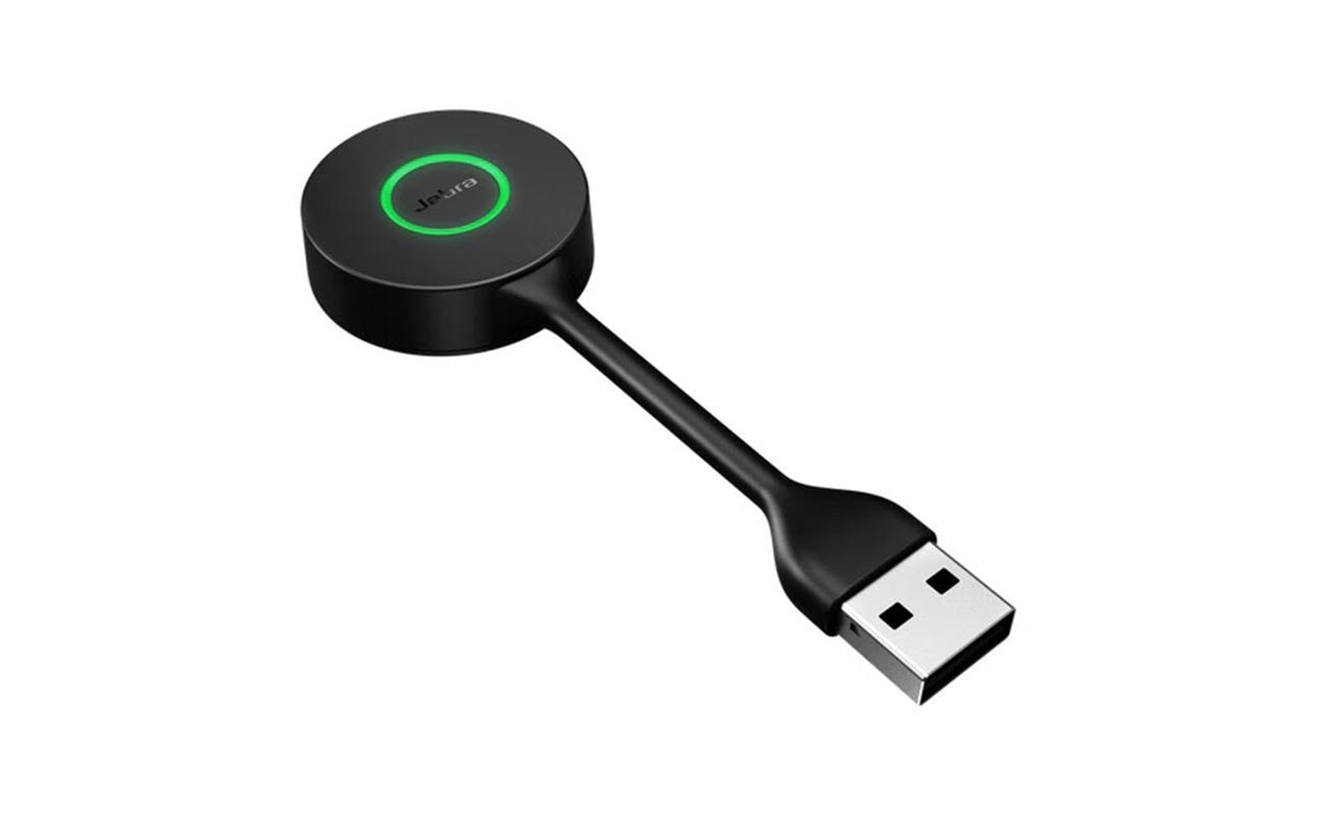 Czarny dongle USB Jabra z okrągłą górą i złączem USB, na białym tle.