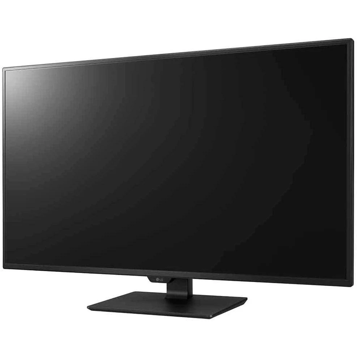 Un monitor nero su un supporto nero. Lo schermo è scuro, suggerendo che è spento o mostra un'immagine scura.