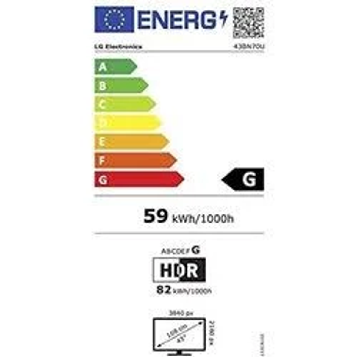 Etichetta energetica per un televisore, che mostra le classificazioni di efficienza energetica e le specifiche tecniche. Sfondo bianco.
