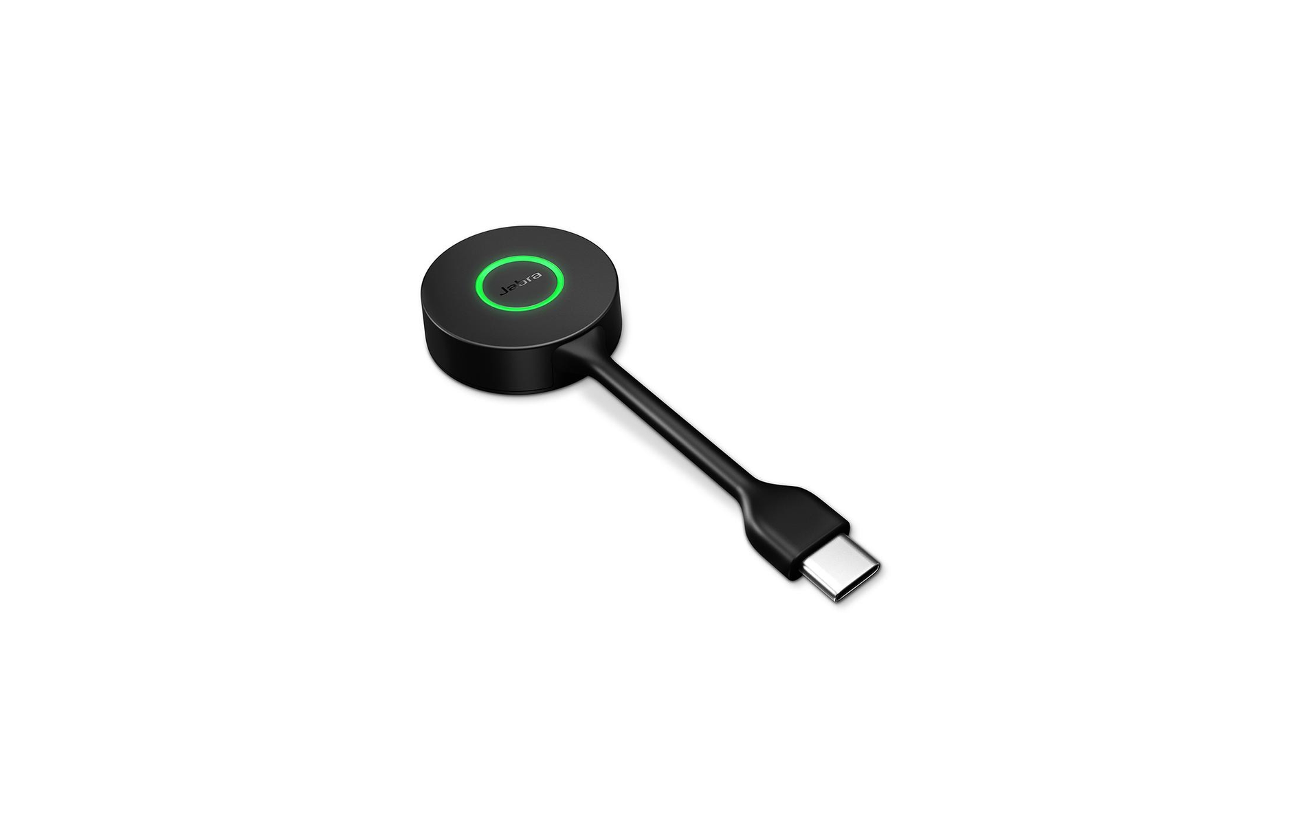 Un dispositivo Jabra negro con un cable y un conector USB-C, con una luz verde.