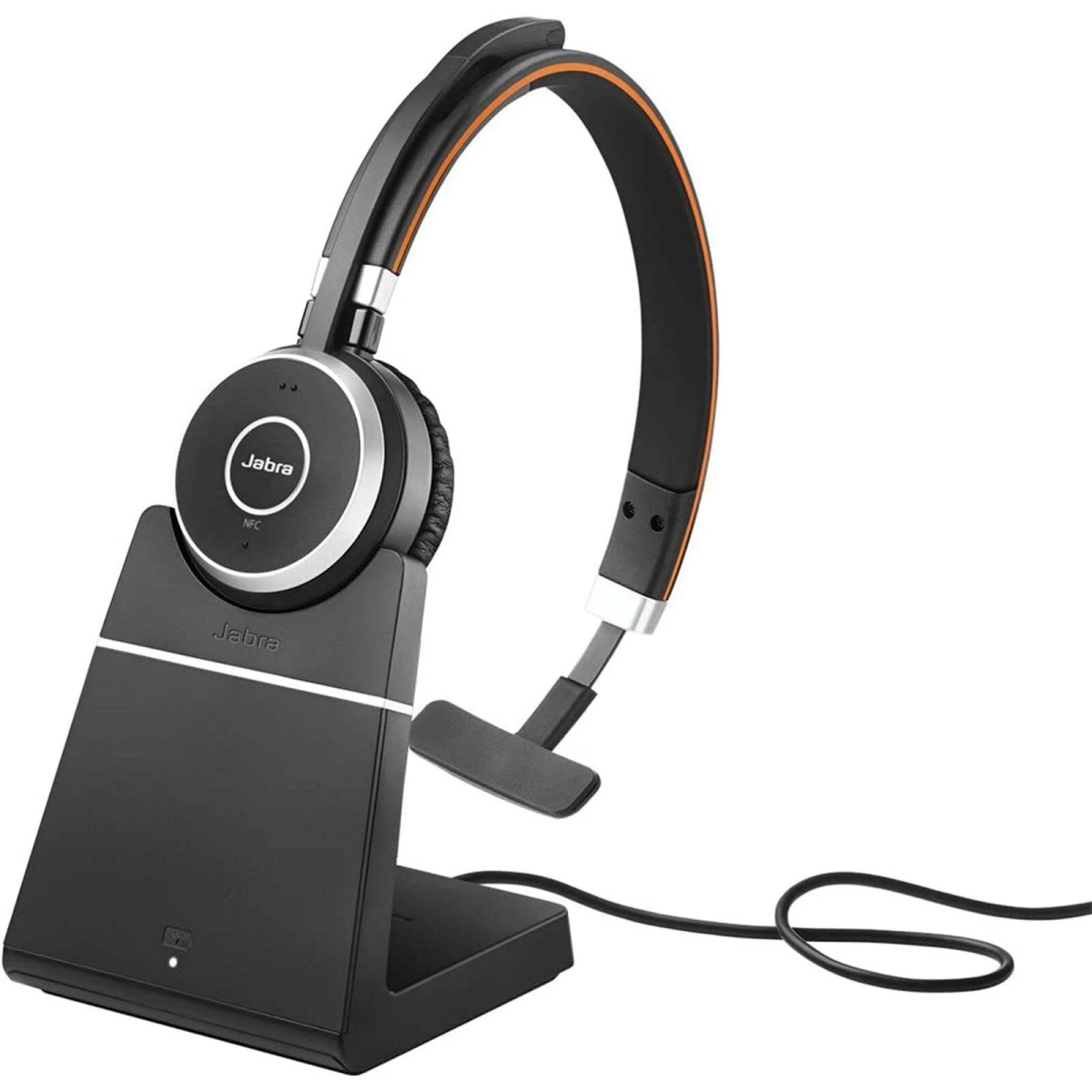 Cuffie Jabra nere con supporto. Le cuffie hanno un accento arancione.