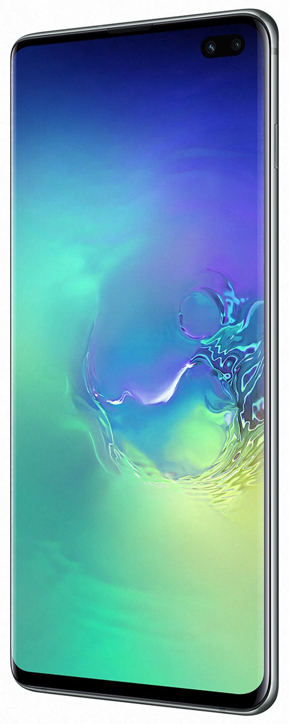 Ein silbernes Smartphone mit gebogenem Bildschirm, Nahaufnahme und schräg.