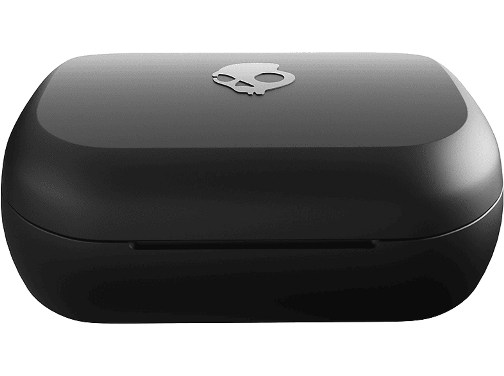 A black Skullcandy earbud charging case with the Skullcandy logo on top.