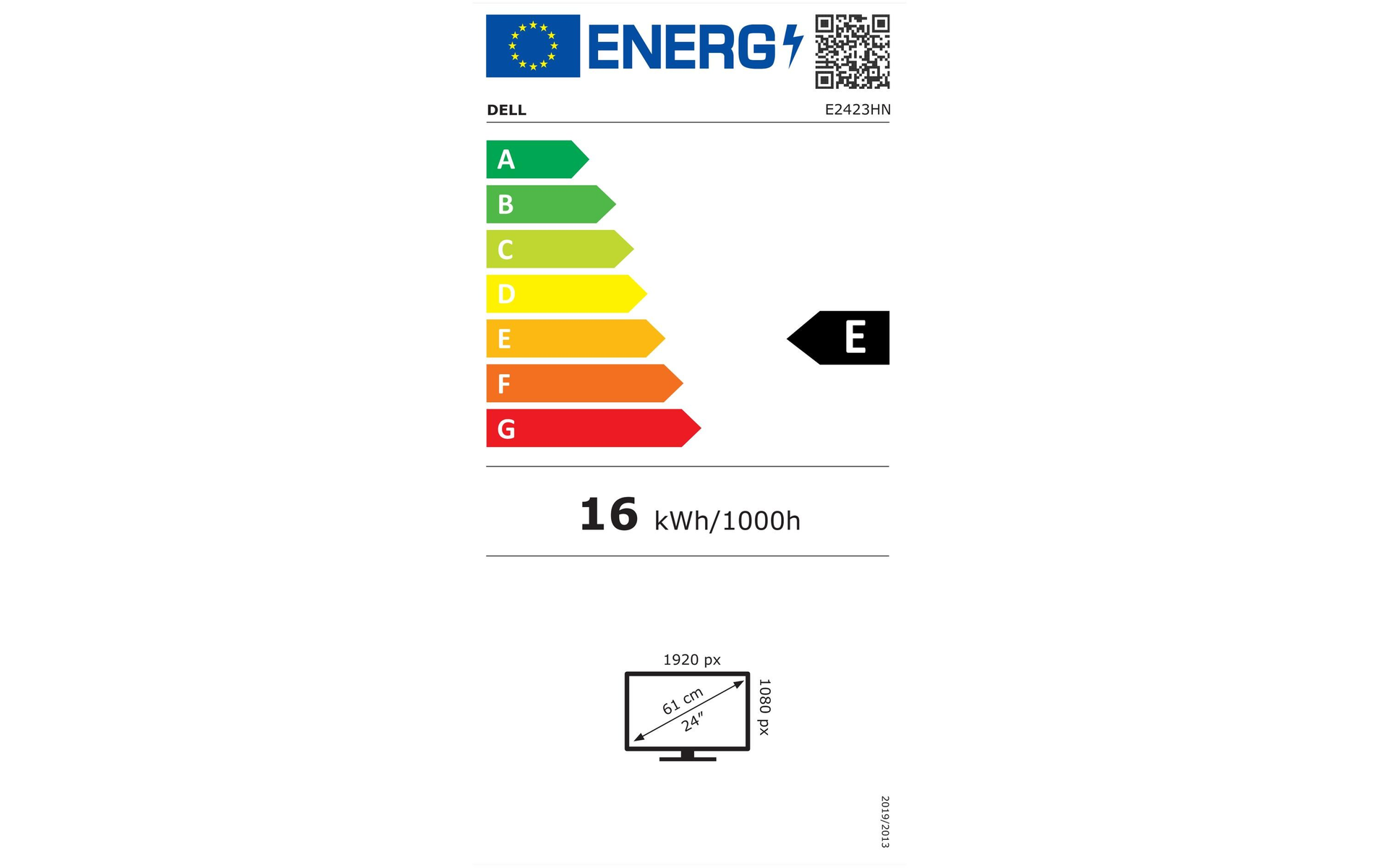 Etiqueta energética para un monitor Dell, mostrando clasificaciones de eficiencia energética y especificaciones técnicas. Fondo blanco.