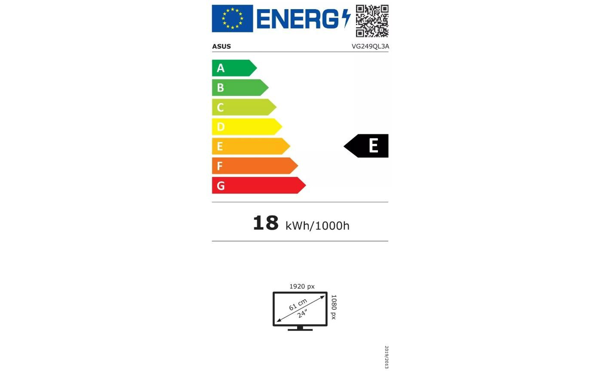 An energy efficiency label for an ASUS monitor. It shows efficiency grades and energy consumption per 1000h.