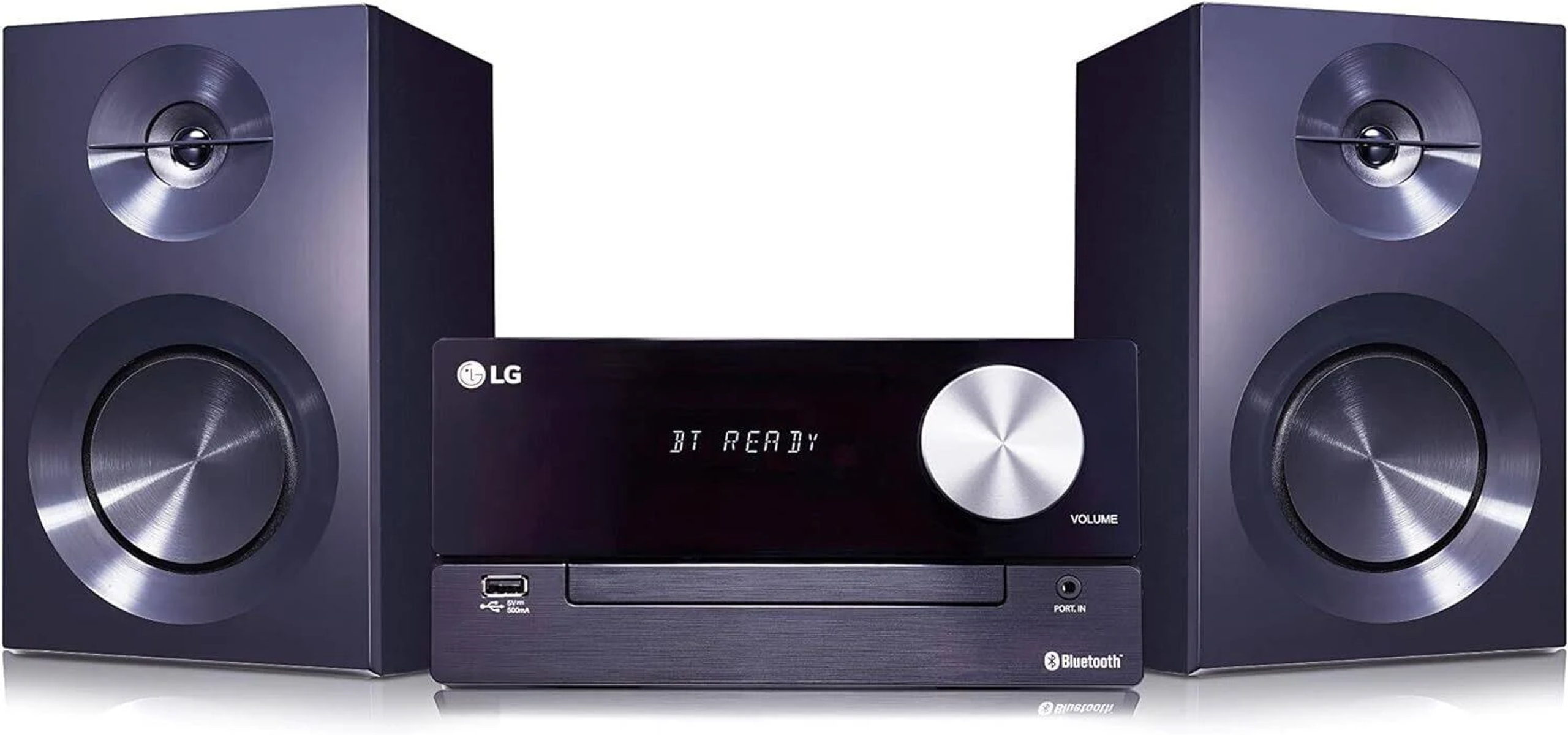 Sistema estéreo negro con altavoces y logo LG sobre blanco.