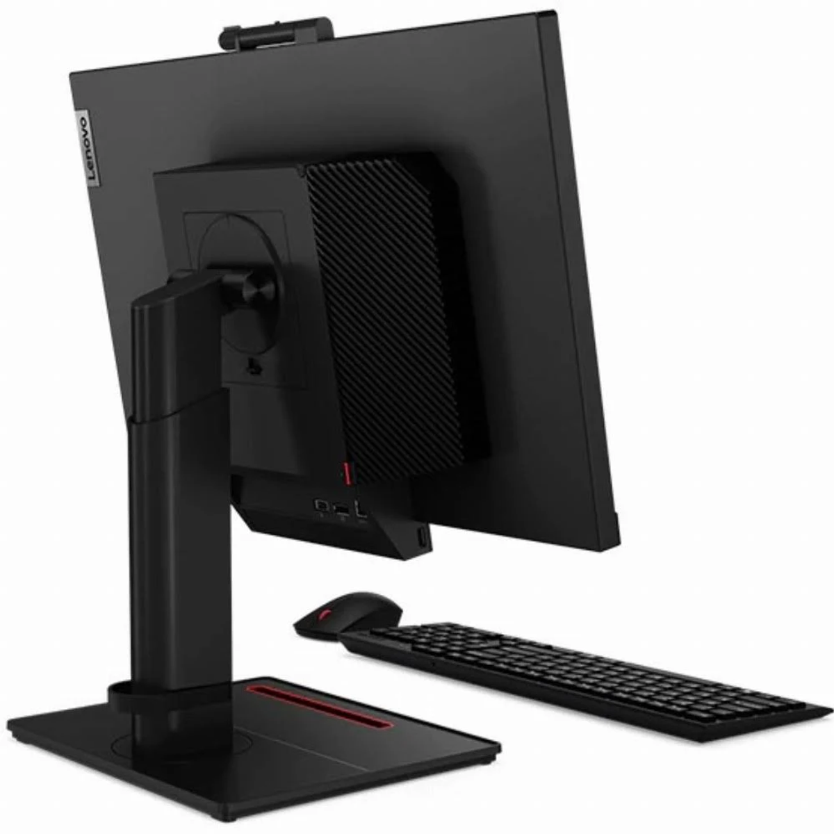 Schwarzes Computer-Setup mit Monitor, Tastatur und Maus, mit Lenovo-Branding.