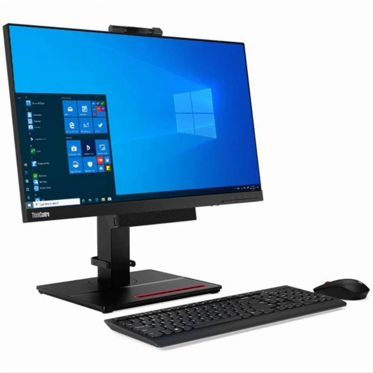 Schwarzer Desktop-Computer mit Monitor, Tastatur, Maus und Webcam, alles auf weißem Hintergrund.