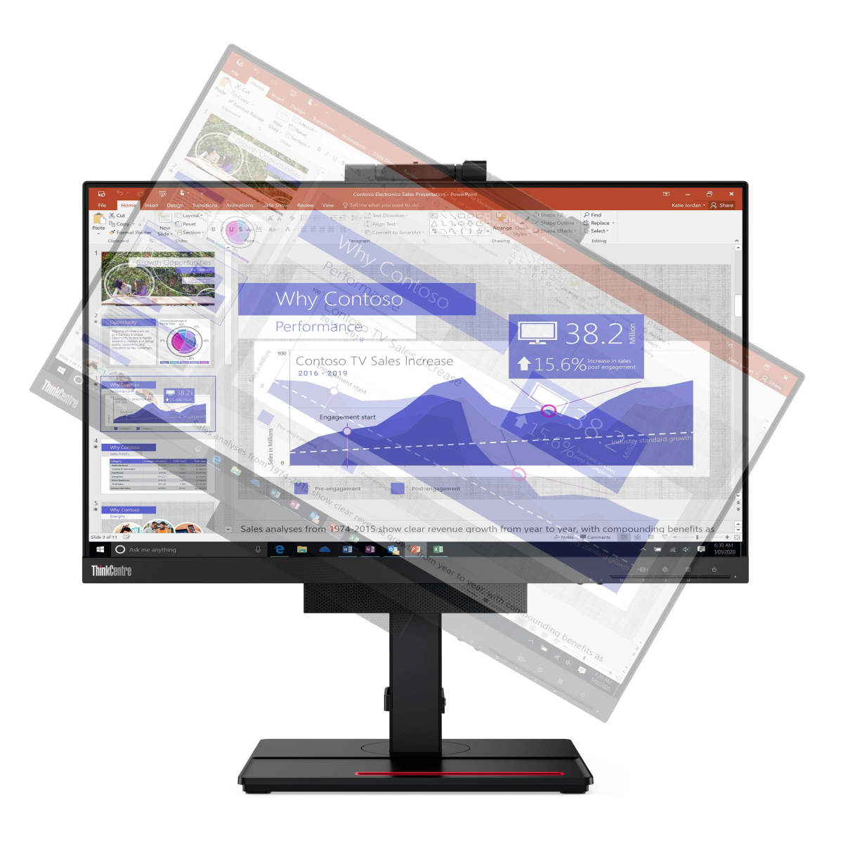 Ein ThinkCentre-Monitor zeigt eine PowerPoint-Präsentation. Der Bildschirm ist geneigt.