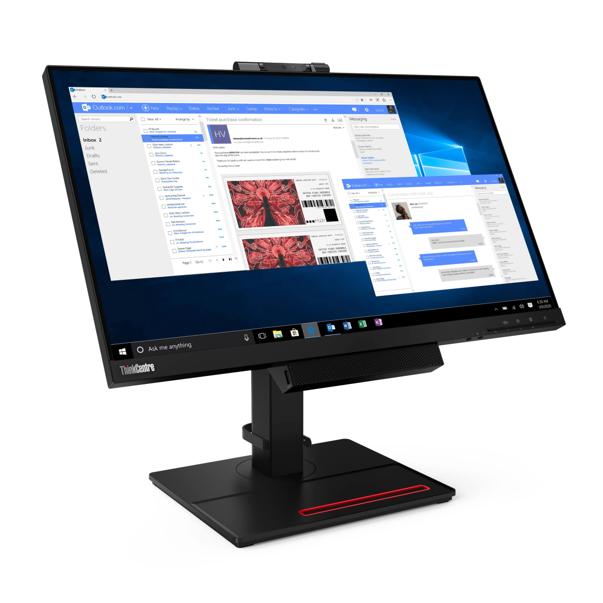Schwarzer Monitor mit integrierter Webcam und Ständer, der einen Computerbildschirm anzeigt.