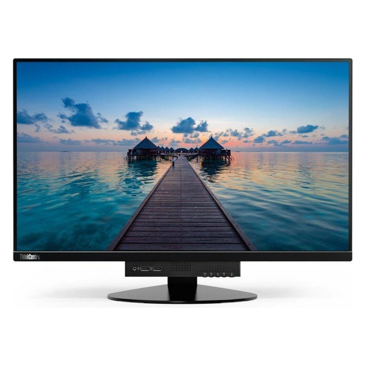 Lenovo ThinkCentre Monitor mit Landschaftsszene mit Wasserbungalows und Steg.