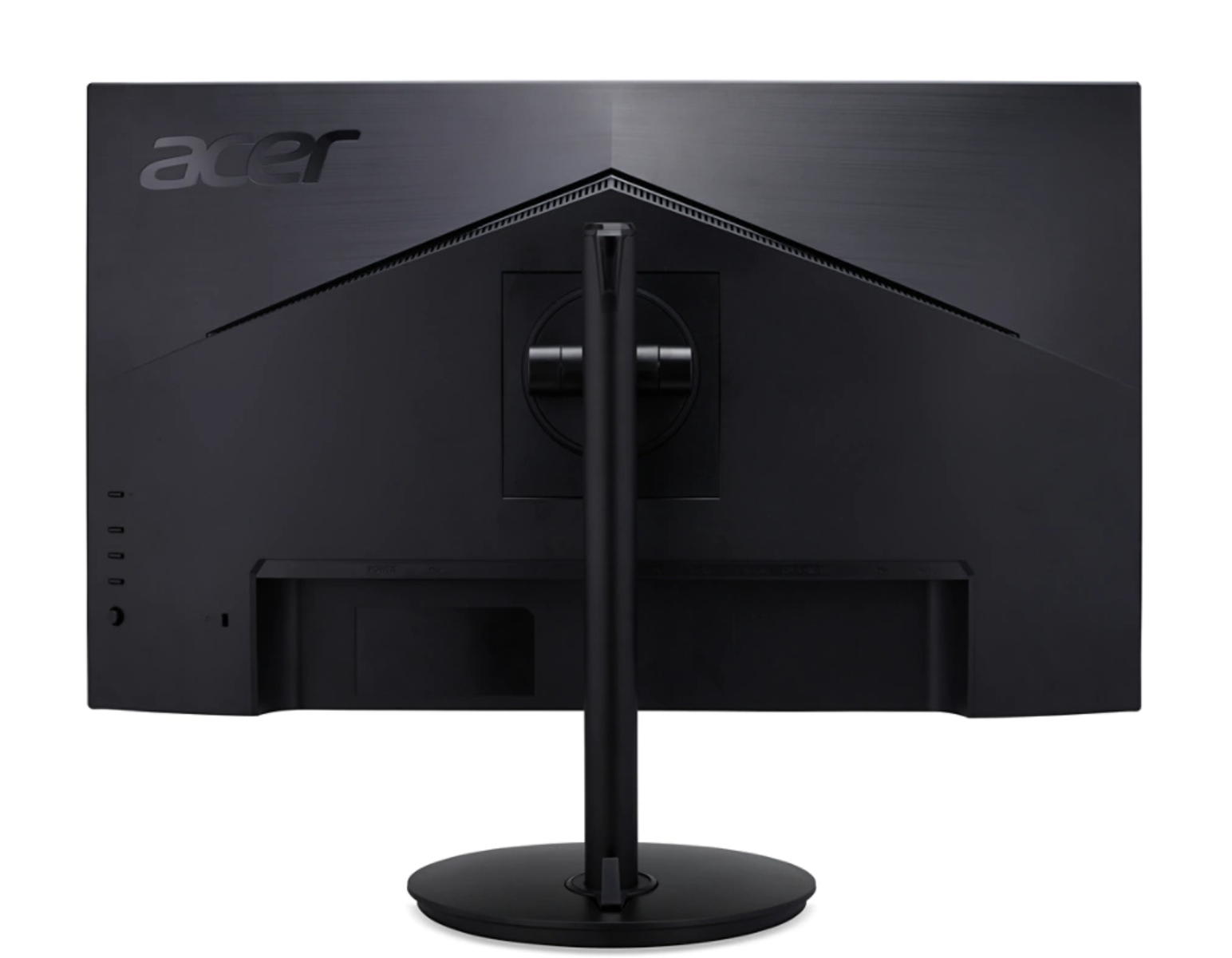 Vista posteriore di un monitor Acer nero con supporto. Sfondo bianco.