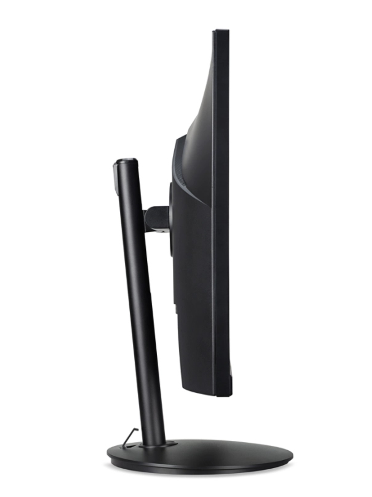 Vista laterale di un monitor nero con schermo curvo e supporto nero.