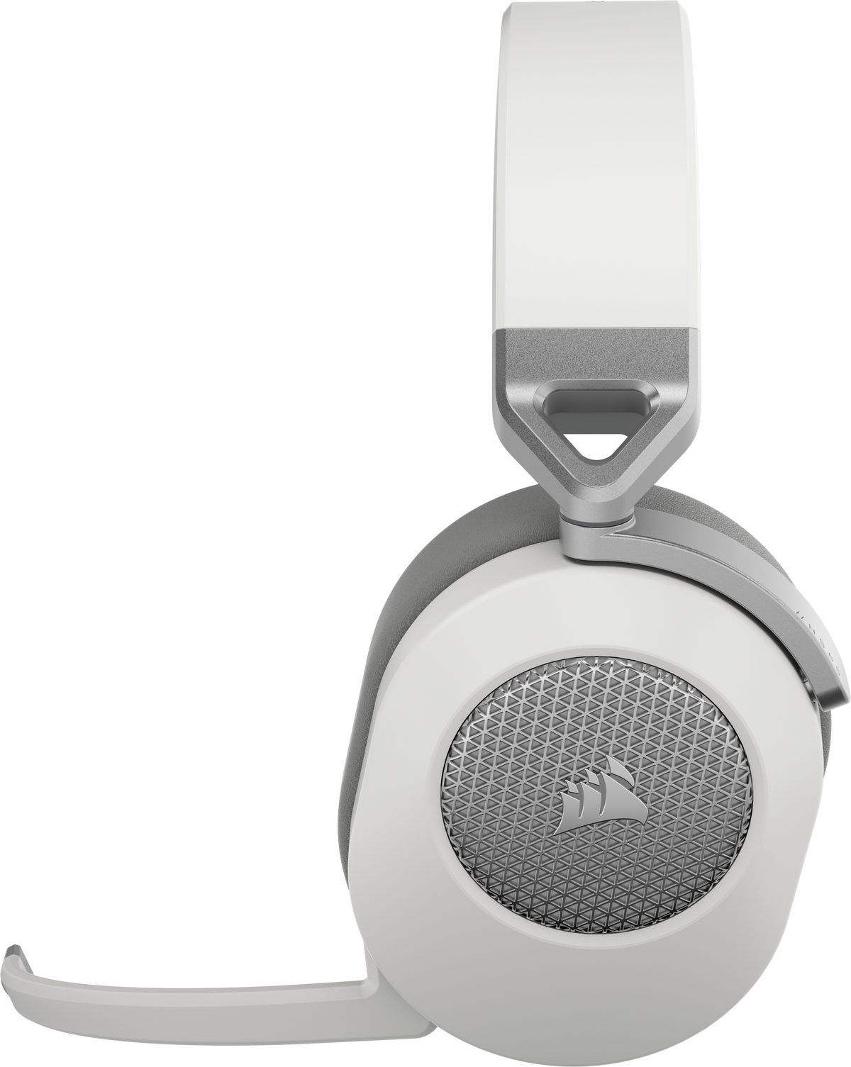 Biało-szary zestaw słuchawkowy do gier. Zestaw słuchawkowy ma mikrofon. Logo Corsair znajduje się na nauszniku.