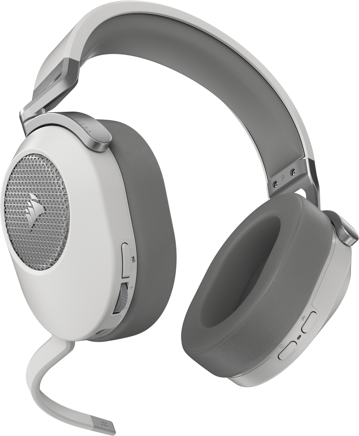 Biało-szare słuchawki z mikrofonem, regulacją głośności i logo Corsair na czarnym tle.