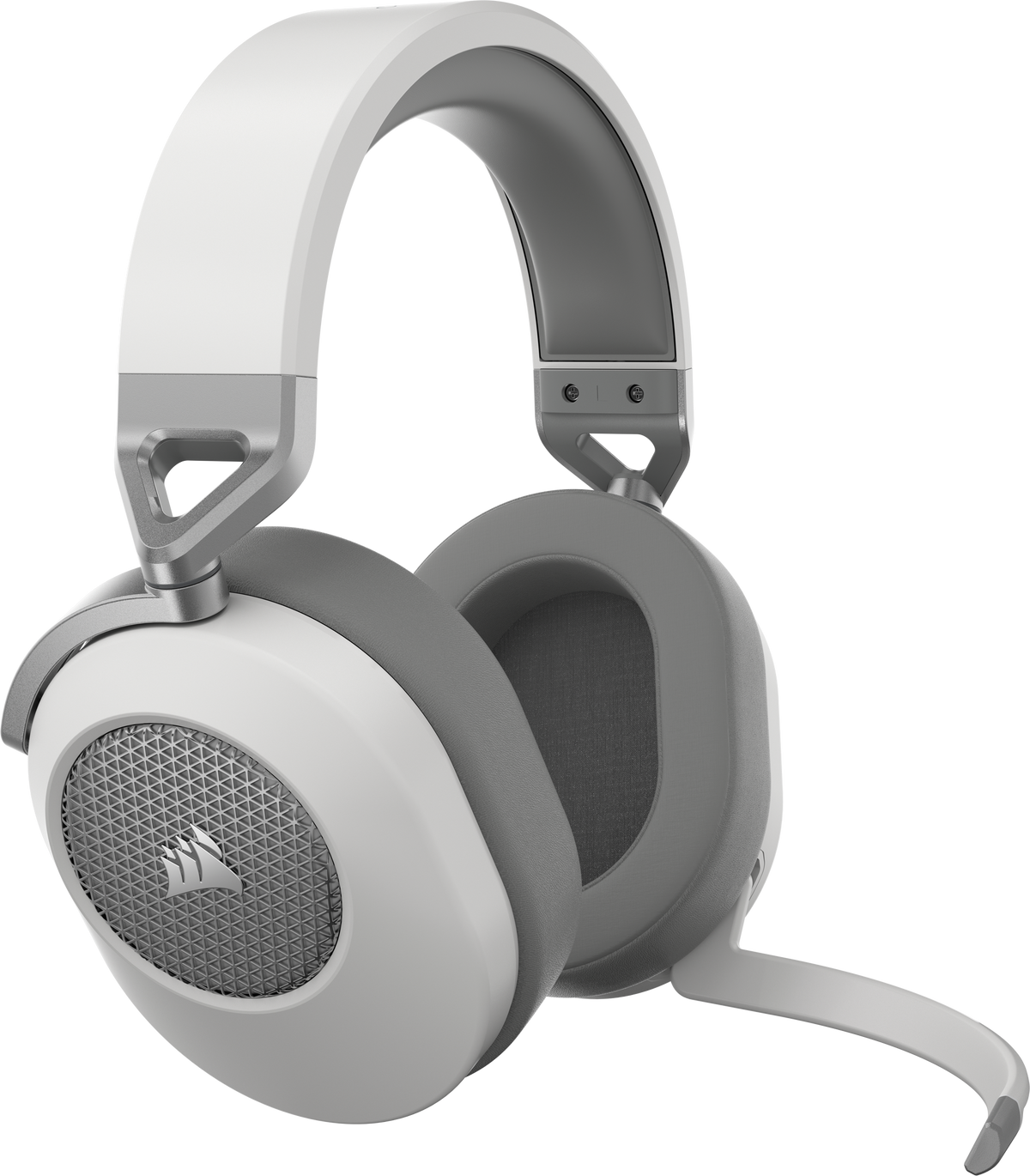 Biało-szary zestaw słuchawkowy do gier z mikrofonem, wyizolowany na białym tle.