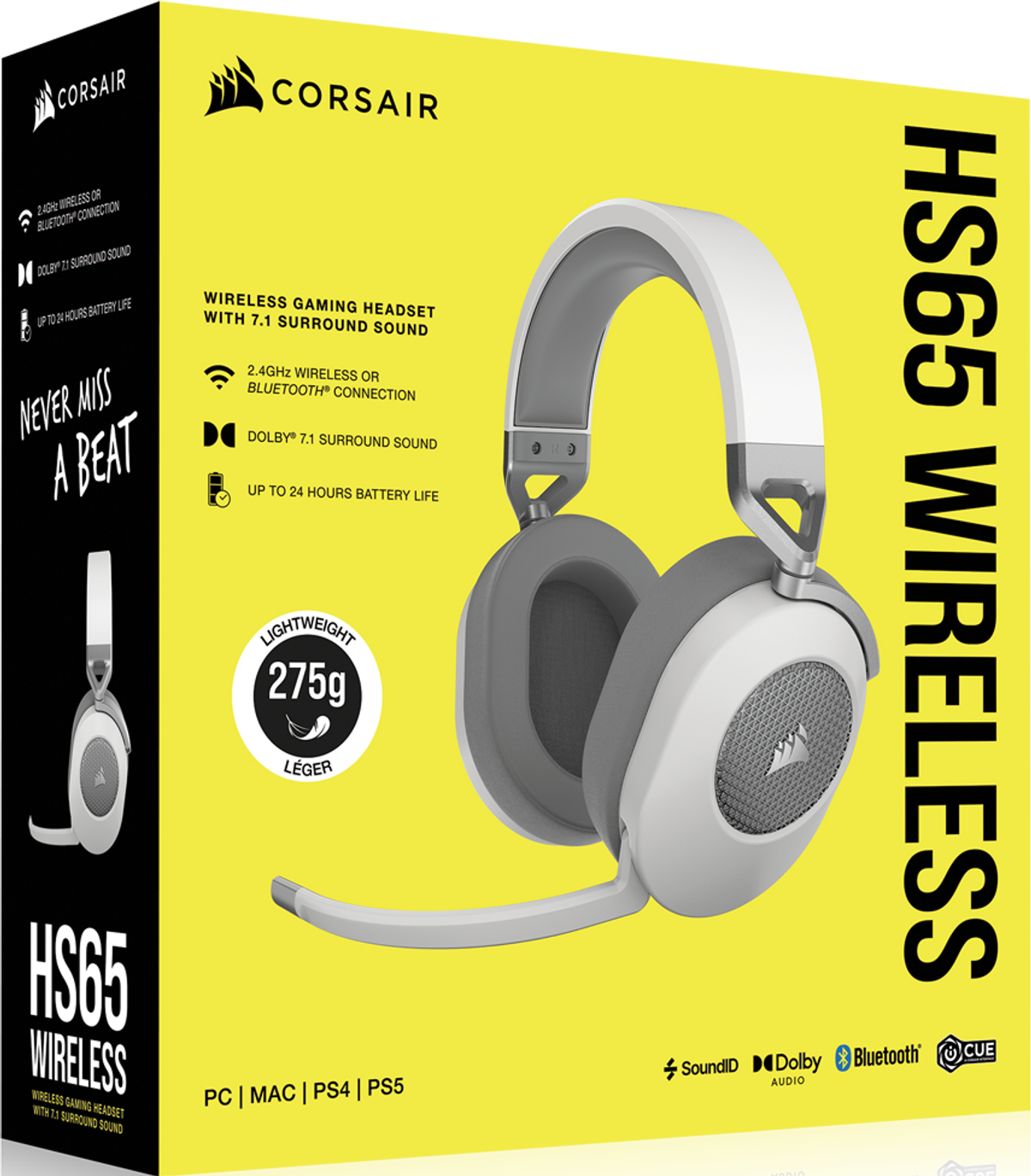 Pudełko z biało-szarym zestawem słuchawkowym Corsair HS65 Wireless z tekstem o funkcjach.