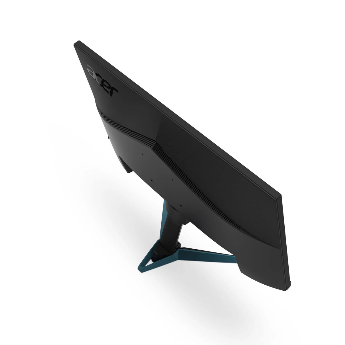 Monitor Acer z boku. Jest czarny z turkusowym wspornikiem.