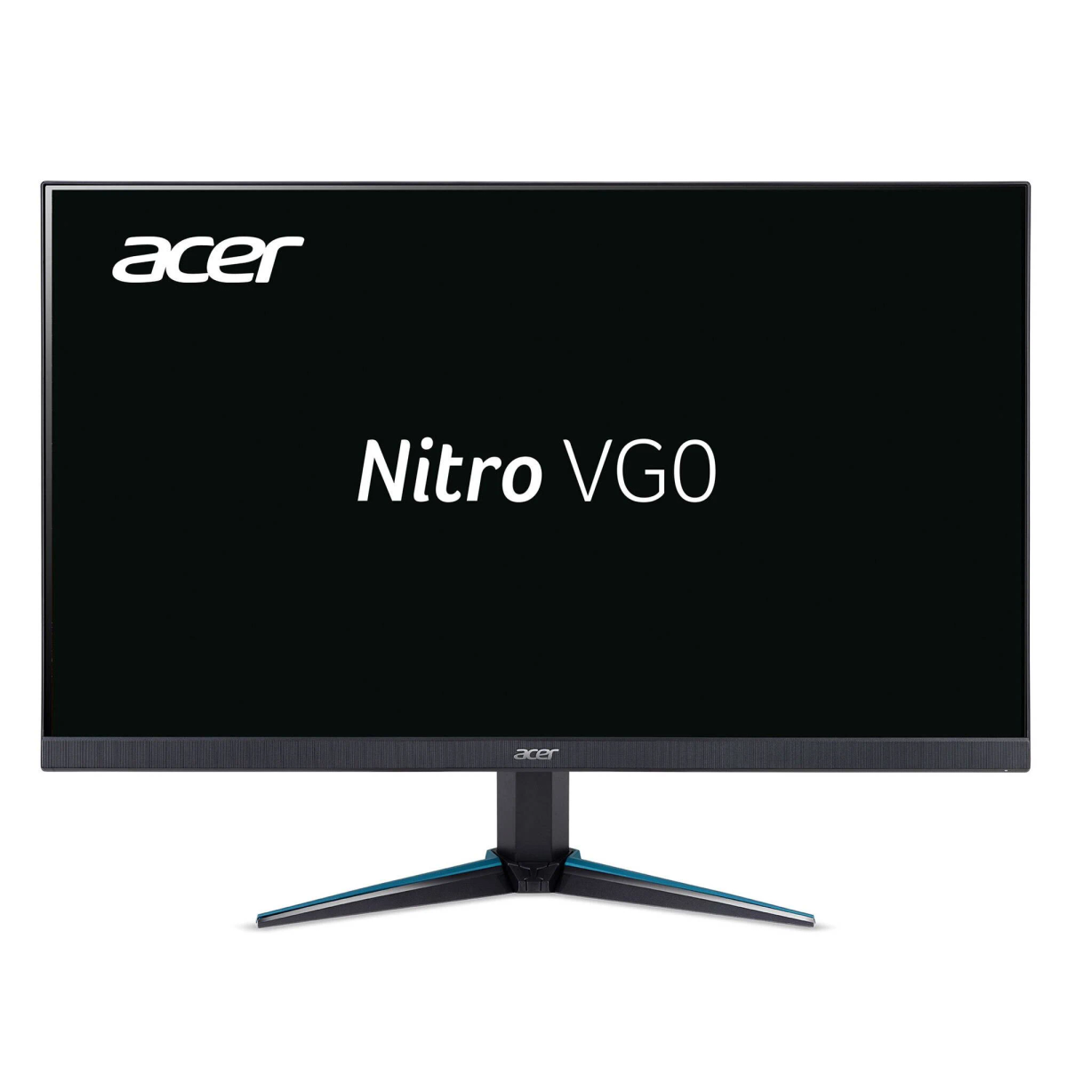 Czarny monitor Acer wyświetlający 'Nitro VGO' na czarnym ekranie, z logo Acer.