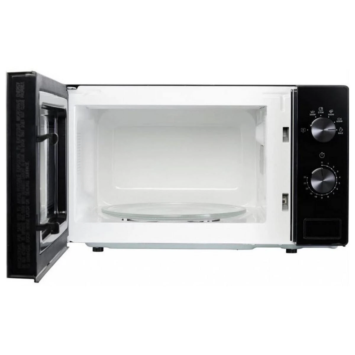 An open microwave oven with a glass plate inside and controls on the side.