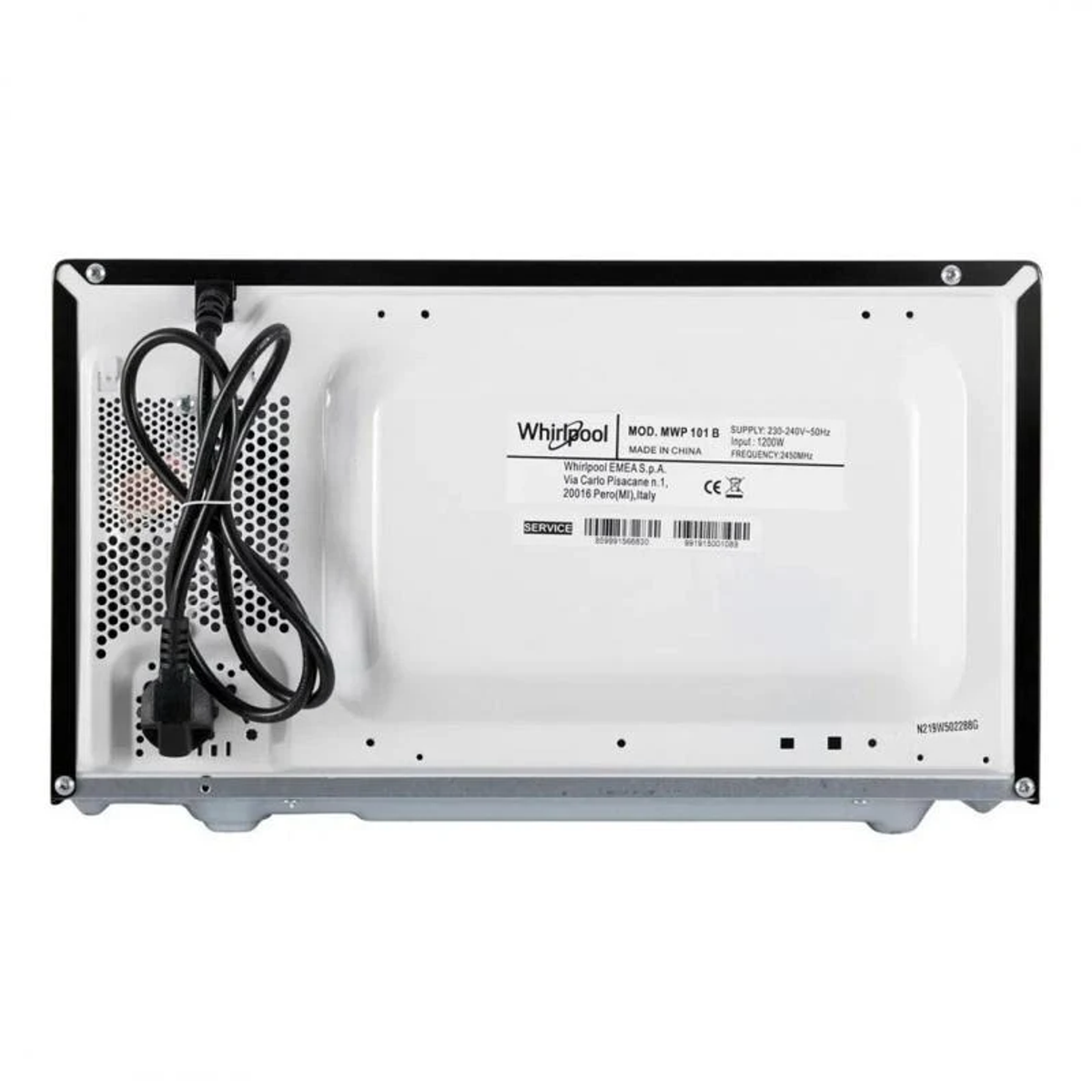 Achteraanzicht van een Whirlpool magnetron. Het heeft labels en een netsnoer. Wit met zwarte rand.