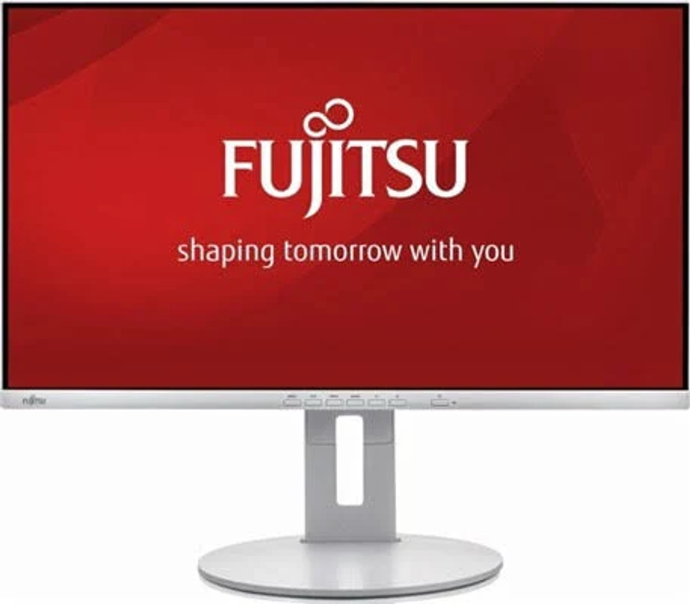 Un monitor curvo con una scena futuristica illuminata di blu visualizzata sullo schermo.