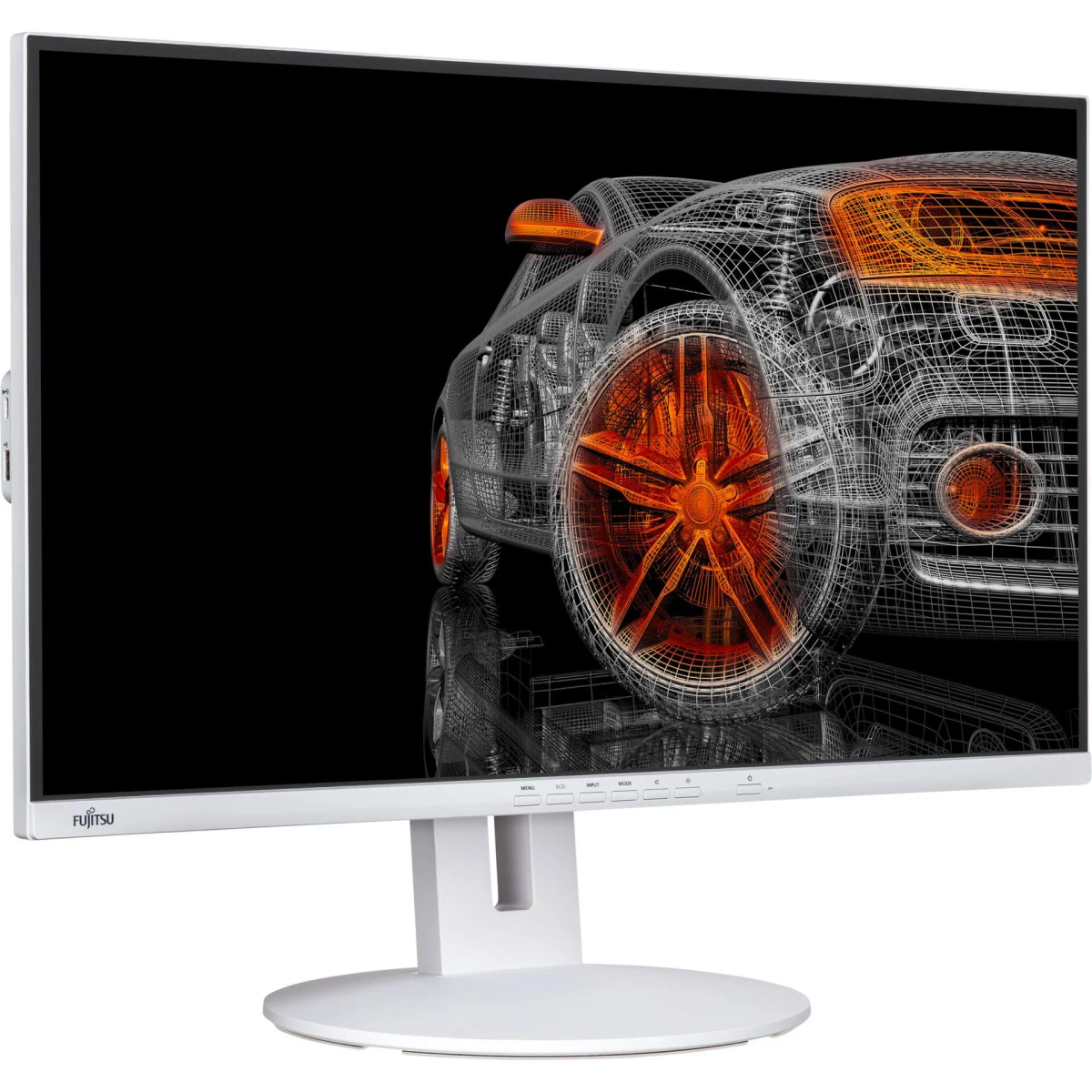 Monitor bianco con grafica wireframe di auto, sfondo nero.