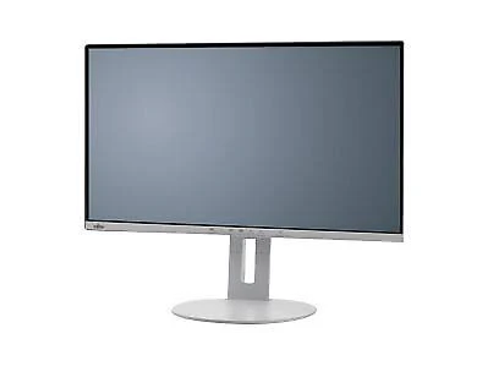 Un monitor per computer con schermo grigio, base argentata e sfondo bianco.
