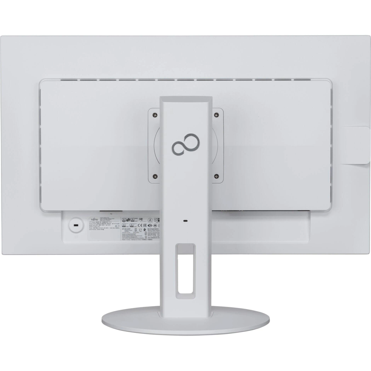 Retro di un monitor bianco con supporto bianco. Sfondo bianco. Il marchio è Fujitsu.