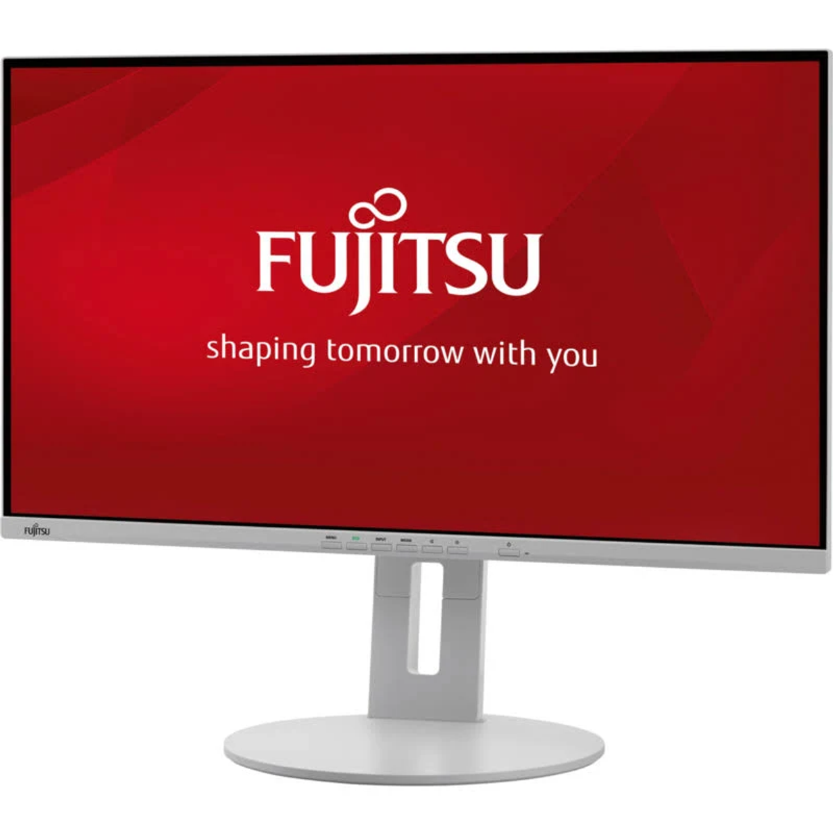 Un monitor per computer bianco con il logo Fujitsu rosso sullo schermo.