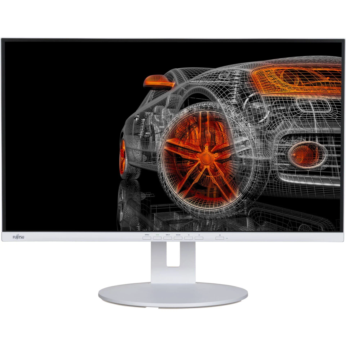 Un monitor bianco mostra un modello di auto a filo su sfondo nero.