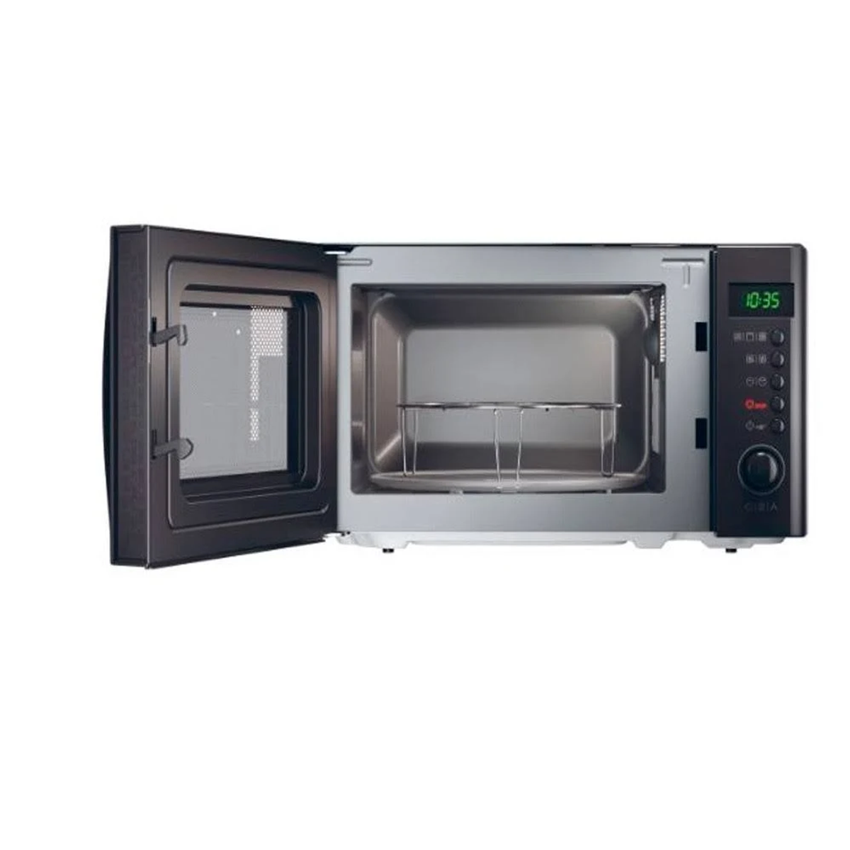 Un forno a microonde con la porta aperta, con un piatto all'interno. Il forno è nero.