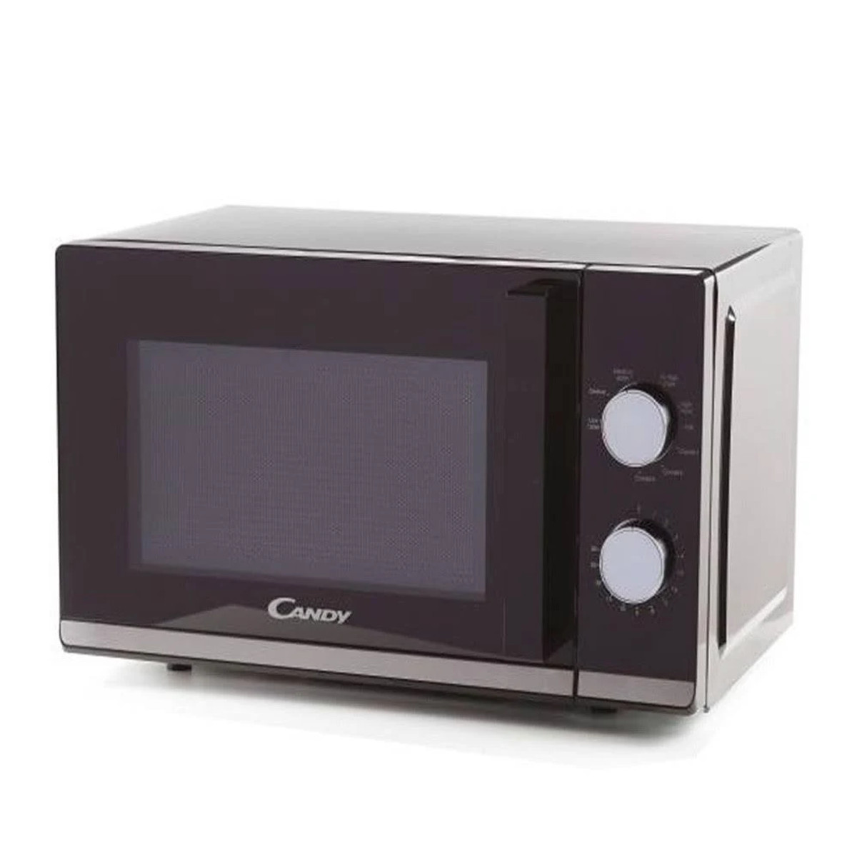 Un forno a microonde argento e nero con manopole di controllo.