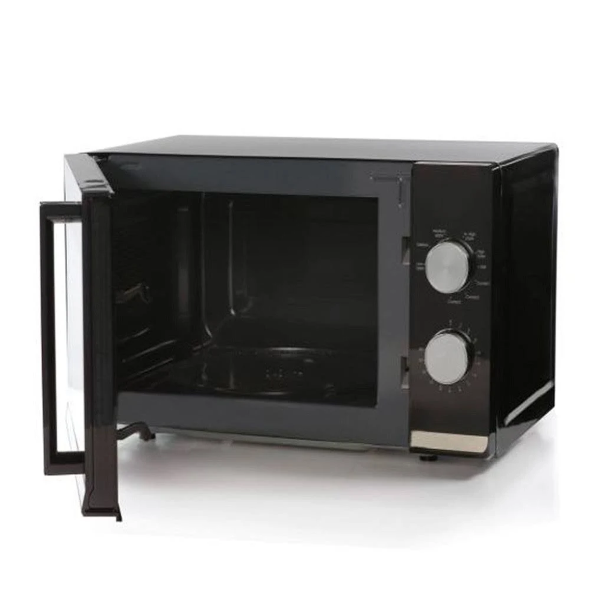 Un forno a microonde nero con la porta aperta, che mostra l'interno con i quadranti.