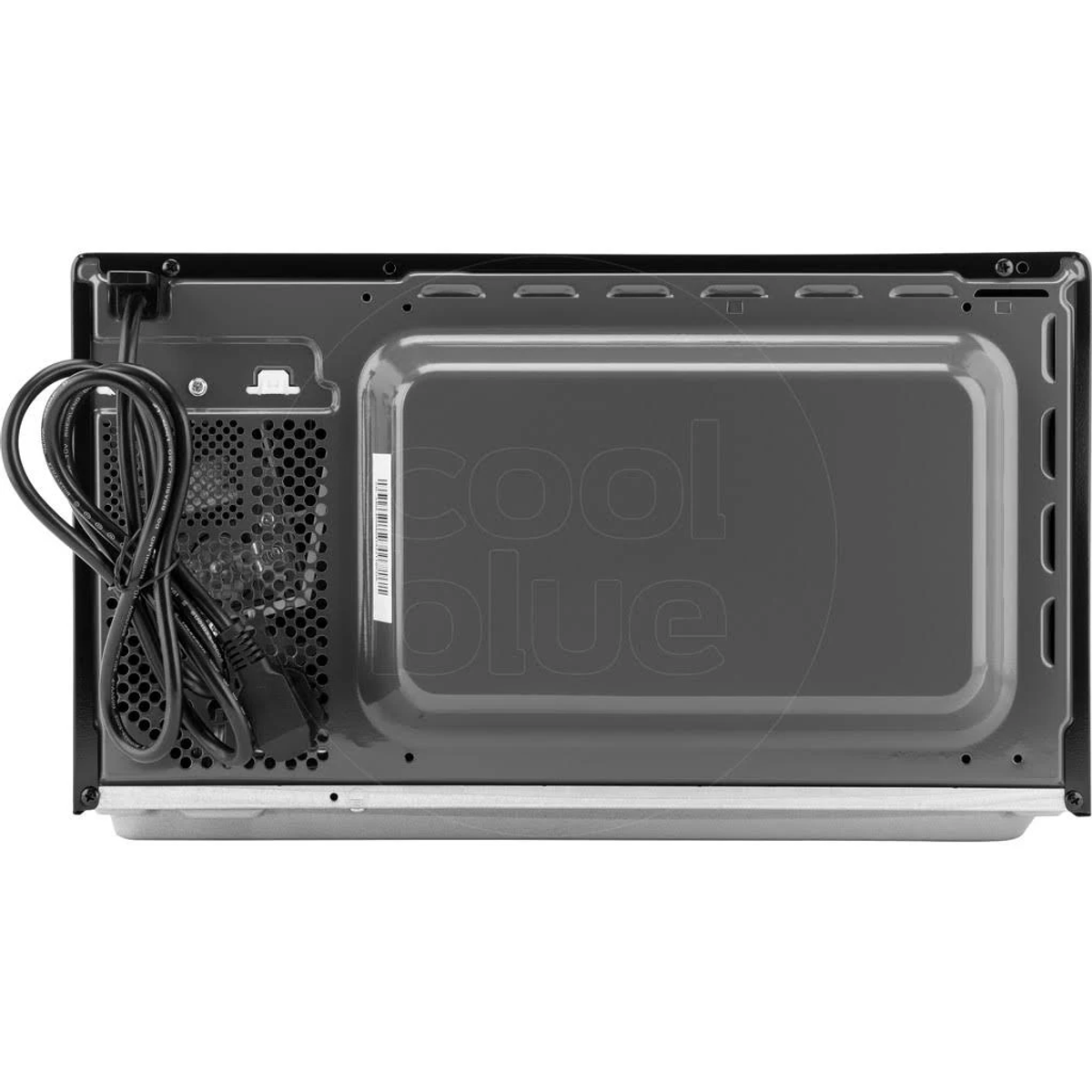 Tył kuchenki mikrofalowej, pokazujący otwory wentylacyjne, przewody i wentylator. Widoczna nazwa marki.