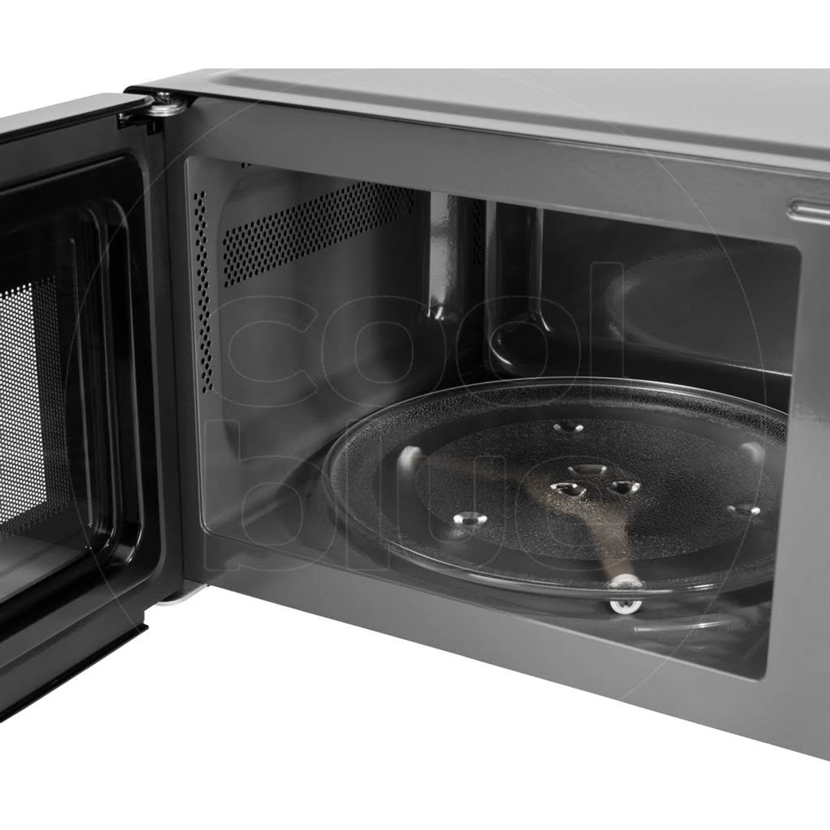 Wnętrze kuchenki mikrofalowej, otwarte. Widoczny szklany talerz i elementy wewnętrzne.