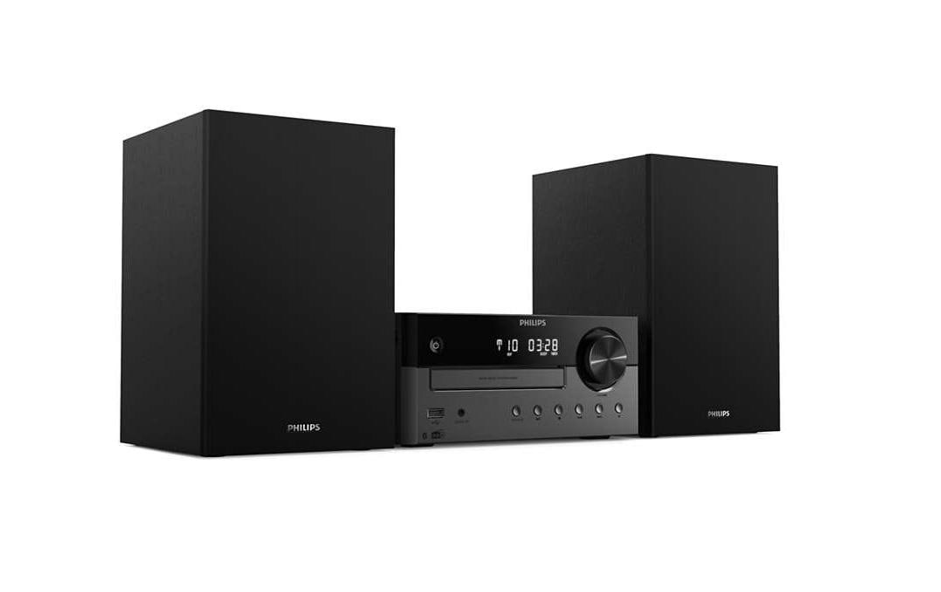 Czarny system stereo Philips z dwoma głośnikami i jednostką centralną z wyświetlaczem.