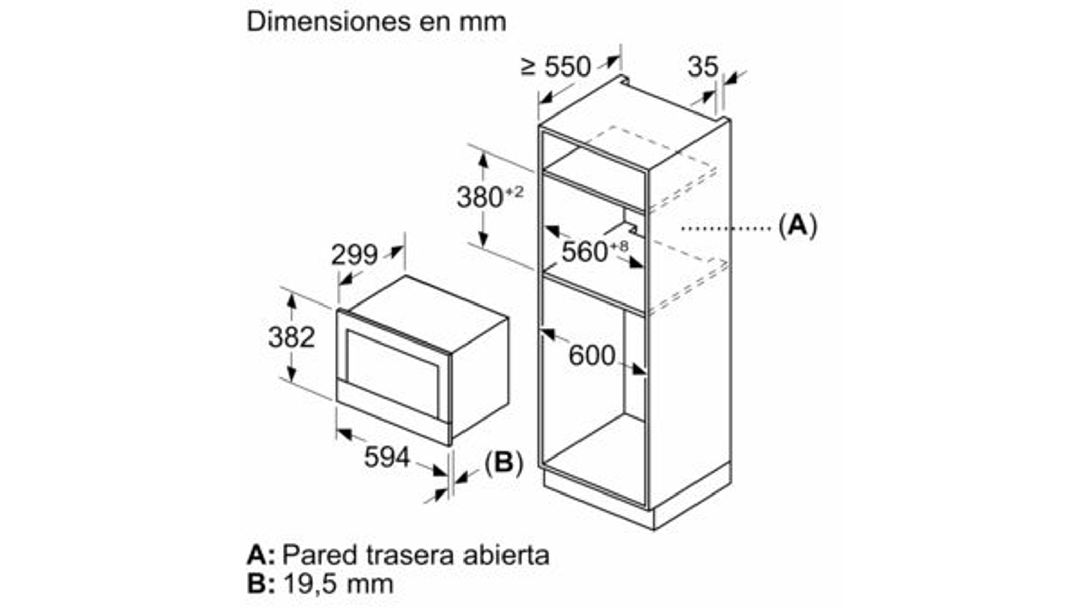 Rysunek techniczny wbudowanej kuchenki mikrofalowej i wymiary szafki w milimetrach.
