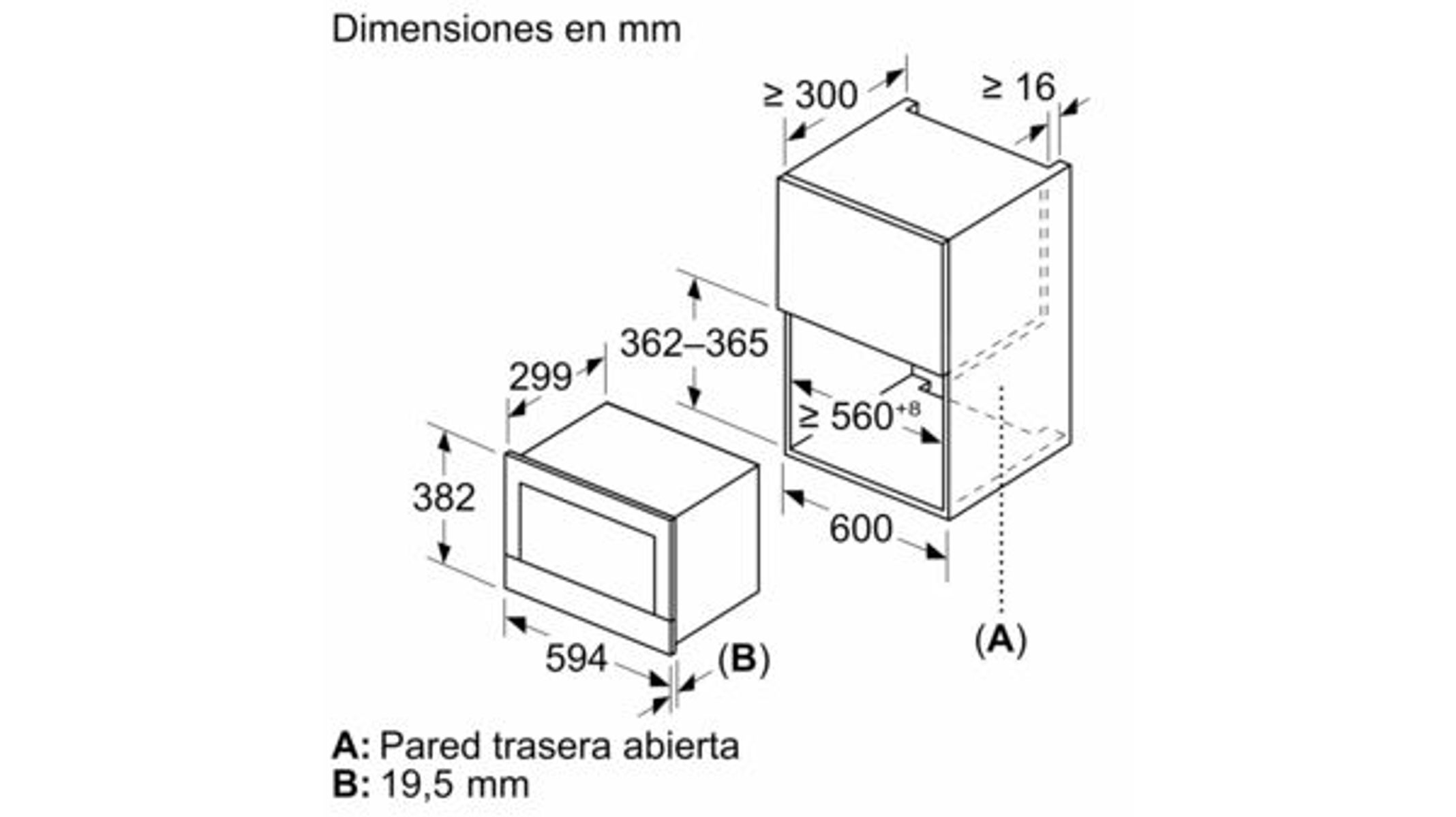 Rysunek techniczny kuchenki mikrofalowej. Pokazuje wymiary w mm z widokiem z boku i z góry.
